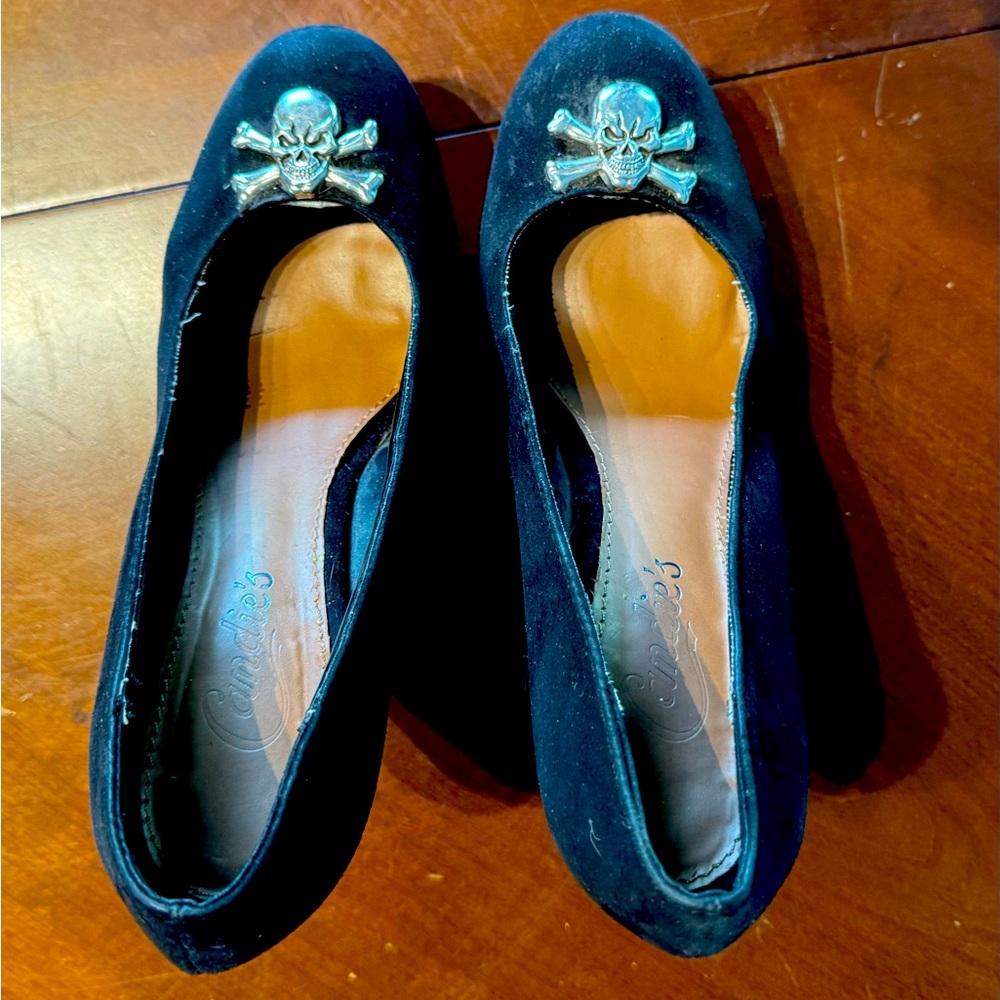 Candies Black Velvet Wedges with Skull Embellishments